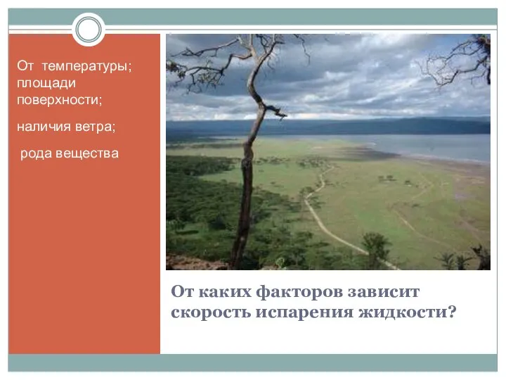 От каких факторов зависит скорость испарения жидкости? От температуры; площади поверхности; наличия ветра; рода вещества