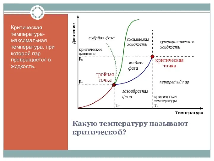 Какую температуру называют критической? Критическая температура- максимальная температура, при которой пар превращается в жидкость.