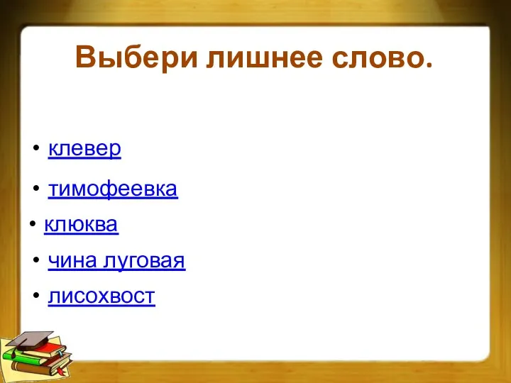 Выбери лишнее слово. клюква клевер чина луговая лисохвост тимофеевка