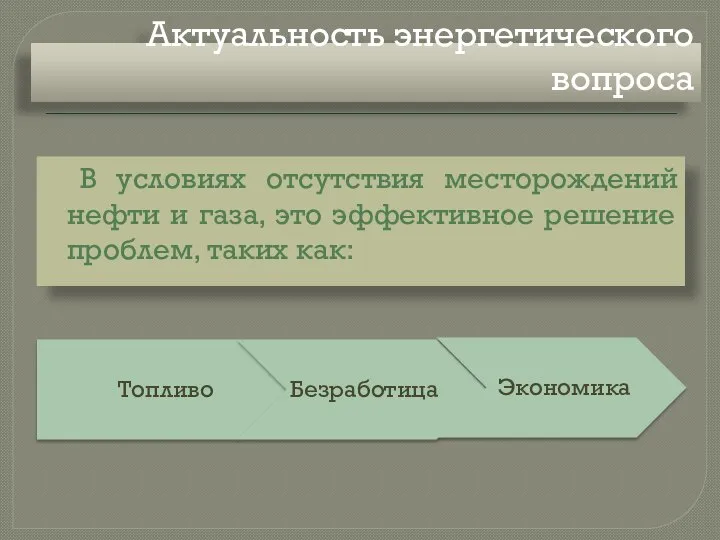 Актуальность энергетического вопроса В условиях отсутствия месторождений нефти и газа, это эффективное решение проблем, таких как: