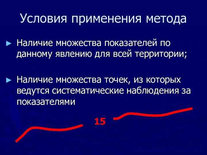 Условия применения метода Наличие множества показателей по данному явлению для всей