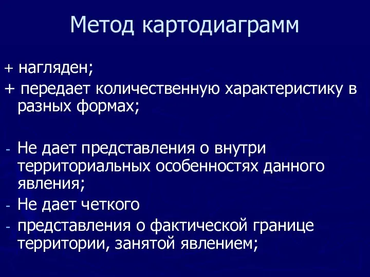 Метод картодиаграмм + нагляден; + передает количественную характеристику в разных формах;