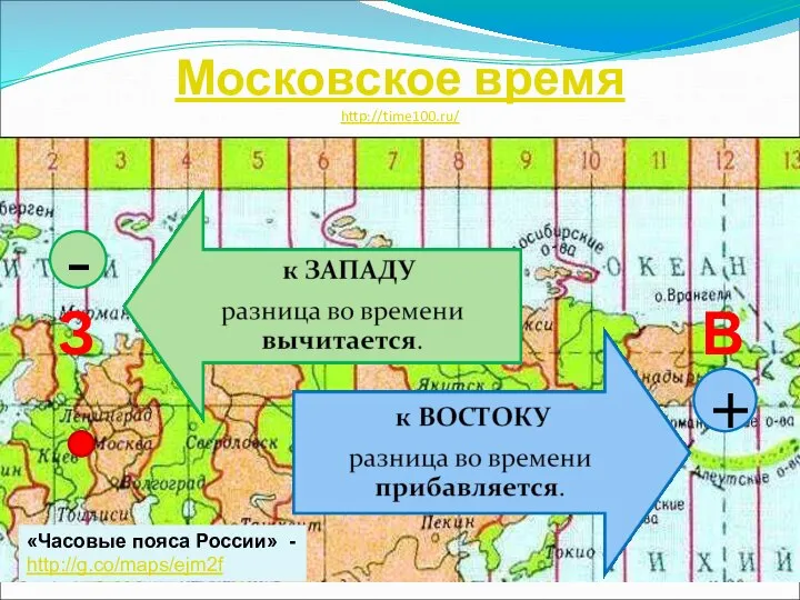 Московское время http://time100.ru/ З В - + «Часовые пояса России» - http://g.co/maps/ejm2f