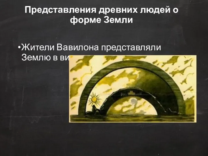 Представления древних людей о форме Земли Жители Вавилона представляли Землю в виде горы: