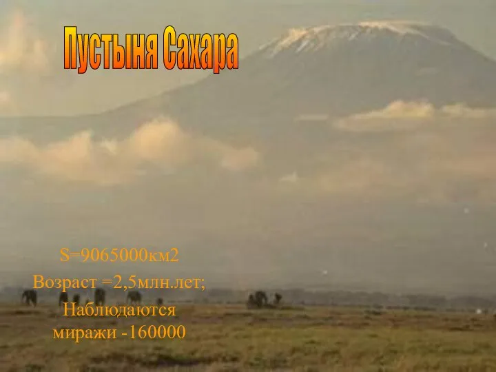 S=9065000км2 Возраст =2,5млн.лет; Наблюдаются миражи -160000 Пустыня Сахара