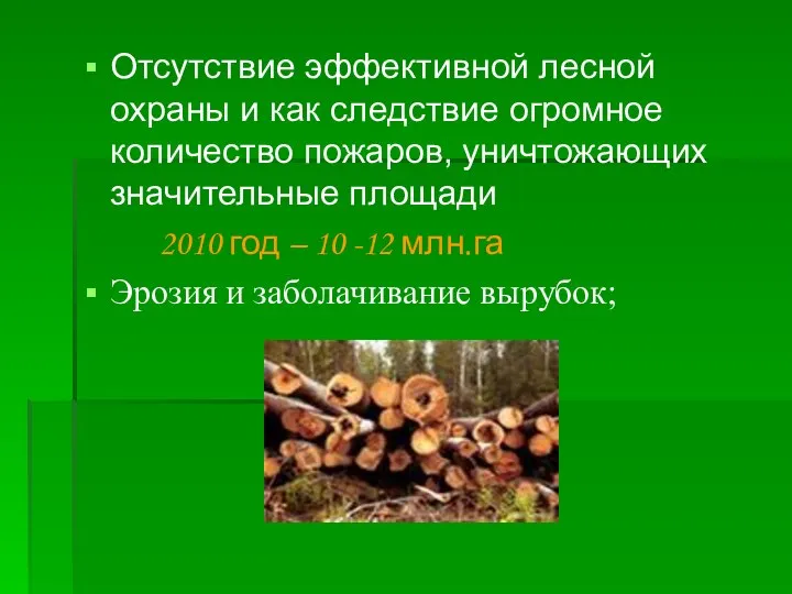 Отсутствие эффективной лесной охраны и как следствие огромное количество пожаров, уничтожающих