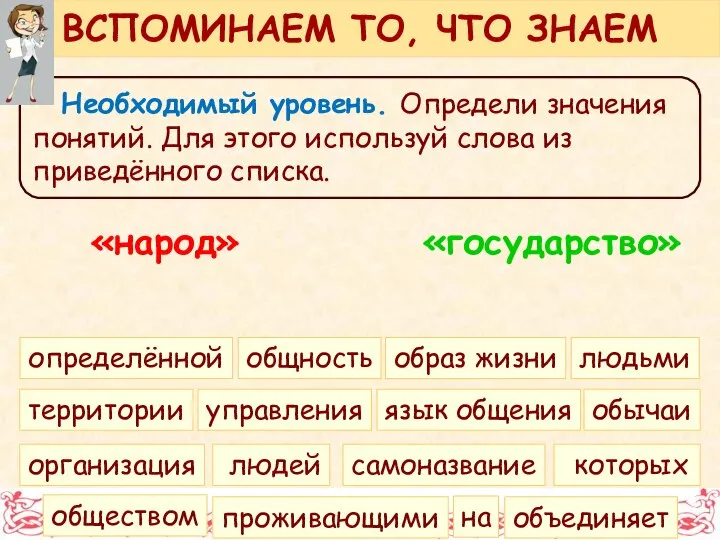 Необходимый уровень. Определи значения понятий. Для этого используй слова из приведённого