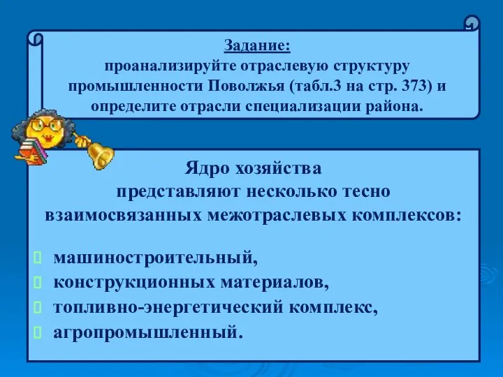 машиностроительный, конструкционных материалов, топливно-энергетический комплекс, агропромышленный. Ядро хозяйства представляют несколько тесно