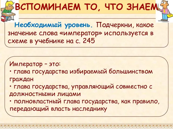 Необходимый уровень. Подчеркни, какое значение слова «император» используется в схеме в