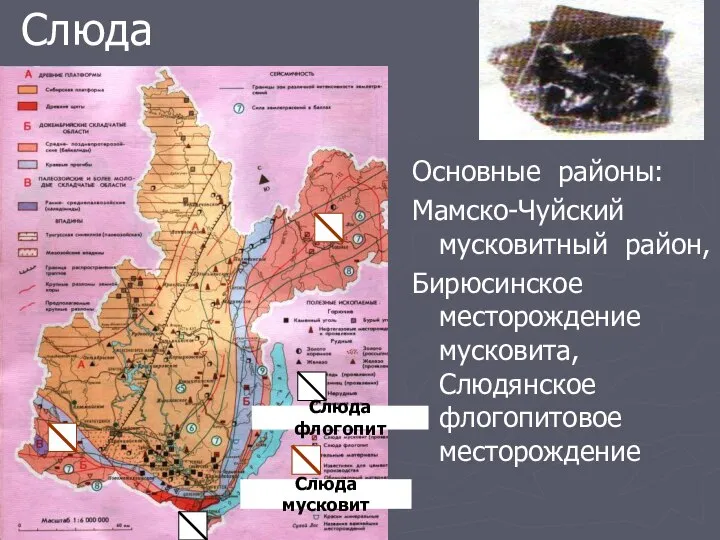 Слюда Основные районы: Мамско-Чуйский мусковитный район, Бирюсинское месторождение мусковита, Слюдянское флогопитовое месторождение Слюда флогопит Слюда мусковит