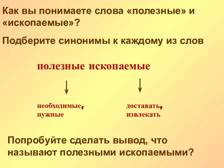 Как вы понимаете слова «полезные» и «ископаемые»? Подберите синонимы к каждому