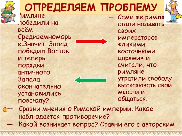 ОПРЕДЕЛЯЕМ ПРОБЛЕМУ Римляне победили на всём Средиземноморье.Значит, Запад победил Восток, и