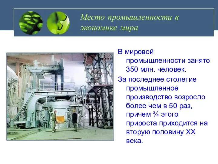 Место промышленности в экономике мира В мировой промышленности занято 350 млн.