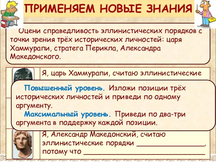 Оцени справедливость эллинистических порядков с точки зрения трёх исторических личностей: царя