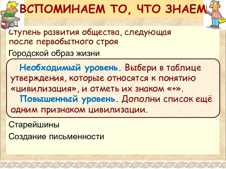 ВСПОМИНАЕМ ТО, ЧТО ЗНАЕМ Необходимый уровень. Выбери в таблице утверждения, которые