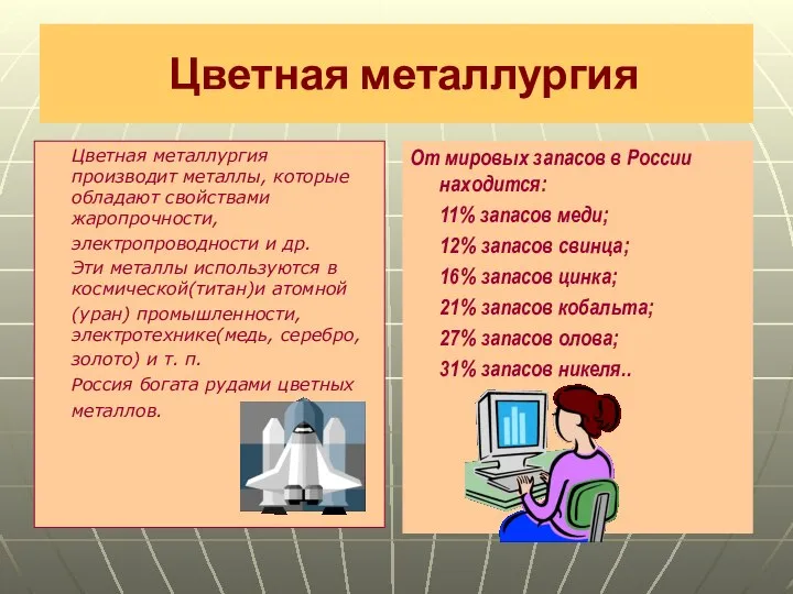 Цветная металлургия Цветная металлургия производит металлы, которые обладают свойствами жаропрочности, электропроводности