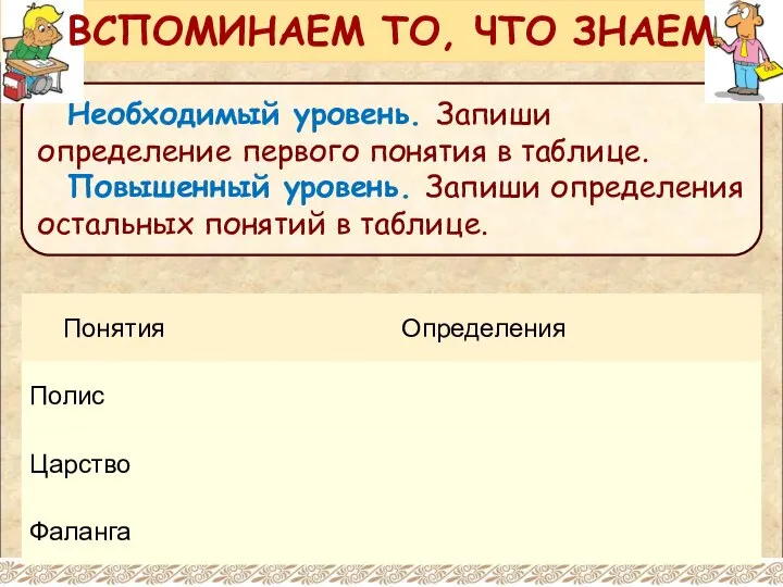 Необходимый уровень. Запиши определение первого понятия в таблице. Повышенный уровень. Запиши