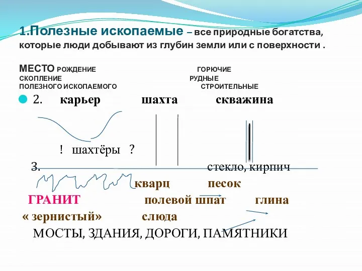 1.Полезные ископаемые – все природные богатства, которые люди добывают из глубин