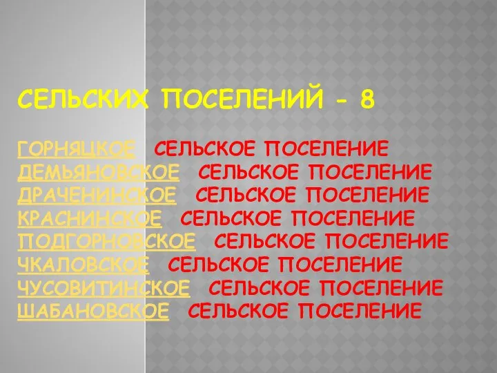 Сельских поселений - 8 Горняцкое сельское поселение Демьяновское сельское поселение Драченинское