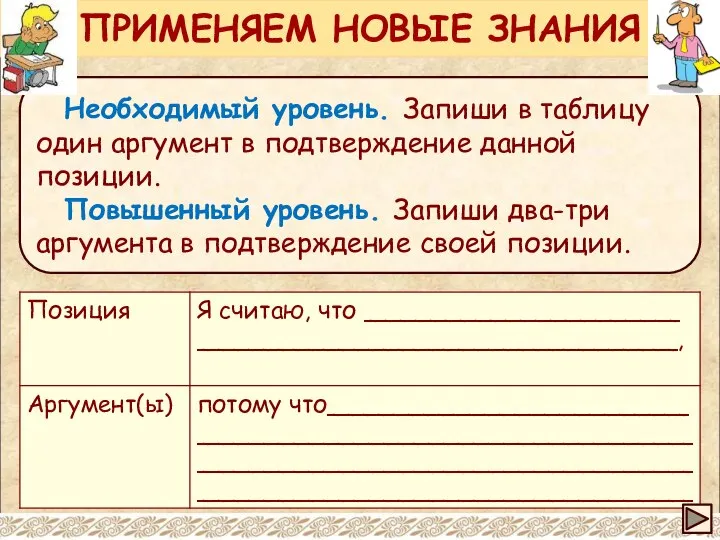 Необходимый уровень. Запиши в таблицу один аргумент в подтверждение данной позиции.