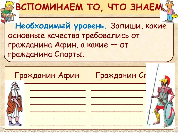 Необходимый уровень. Запиши, какие основные качества требовались от гражданина Афин, а