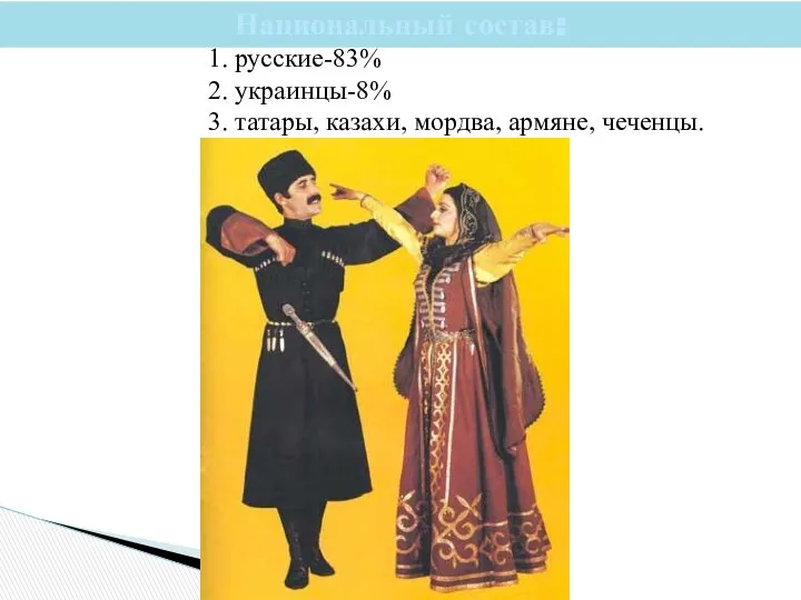 Национальный состав: 1. русские-83% 2. украинцы-8% 3. татары, казахи, мордва, армяне, чеченцы.