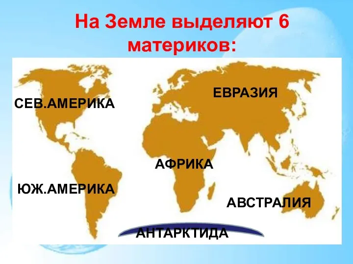 На Земле выделяют 6 материков: ЕВРАЗИЯ СЕВ.АМЕРИКА ЮЖ.АМЕРИКА АФРИКА АВСТРАЛИЯ АНТАРКТИДА