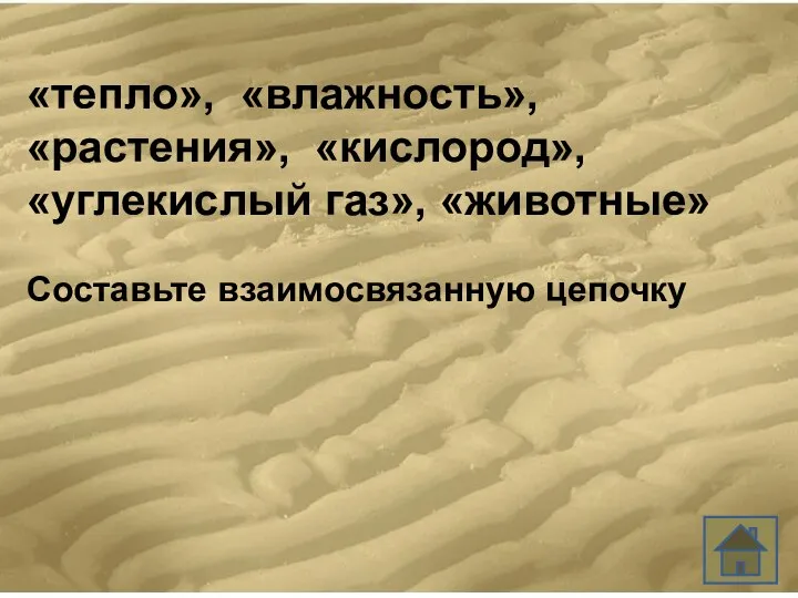 «тепло», «влажность», «растения», «кислород», «углекислый газ», «животные» Составьте взаимосвязанную цепочку