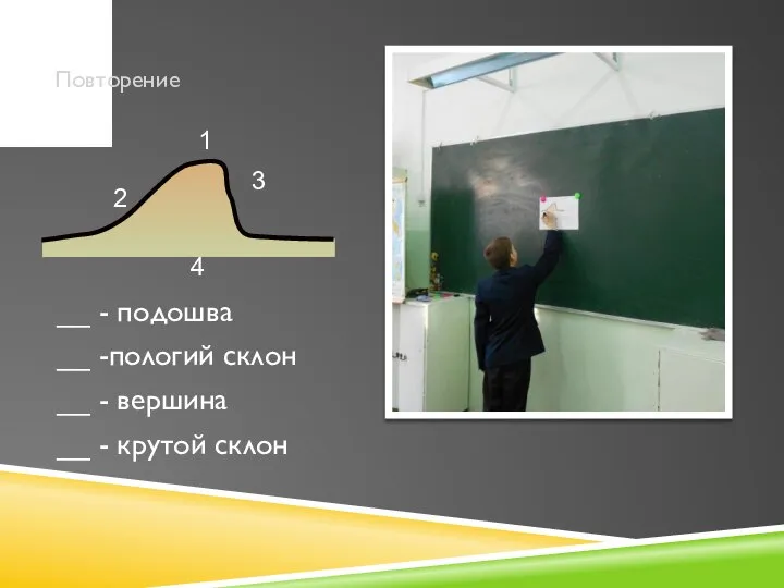 Повторение __ - подошва __ -пологий склон __ - вершина __ - крутой склон