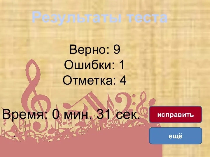 Верно: 9 Ошибки: 1 Отметка: 4 Время: 0 мин. 31 сек. . ещё исправить Результаты теста