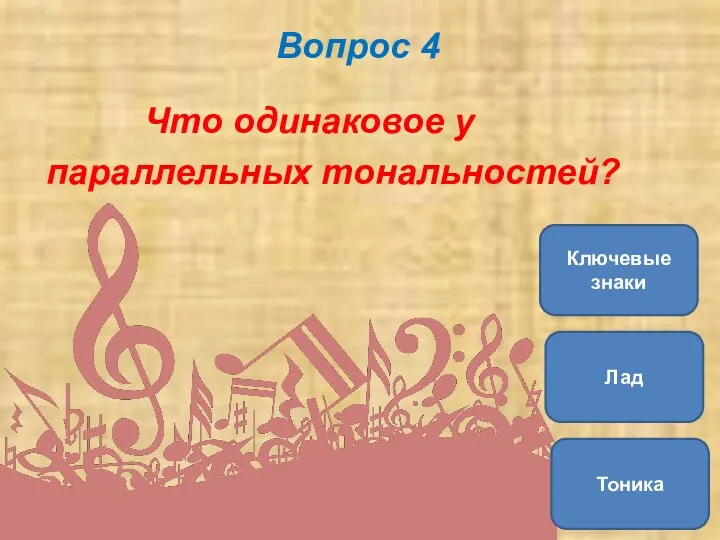 Вопрос 4 Что одинаковое у параллельных тональностей? Ключевые знаки Тоника Лад