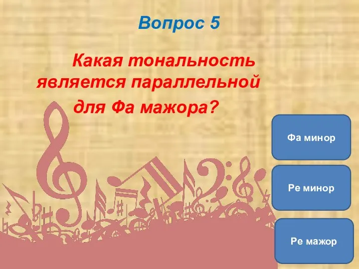 Вопрос 5 Какая тональность является параллельной для Фа мажора? Ре минор Ре мажор Фа минор