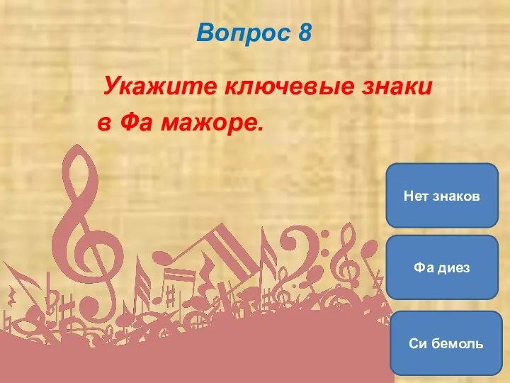 Вопрос 8 Укажите ключевые знаки в Фа мажоре. Си бемоль Фа диез Нет знаков