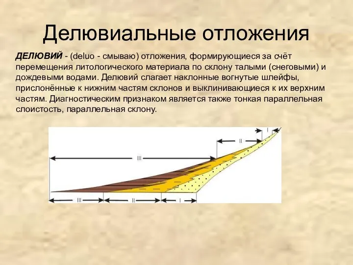 Делювиальные отложения ДЕЛЮВИЙ - (deluo - смываю) отложения, формирующиеся за счёт