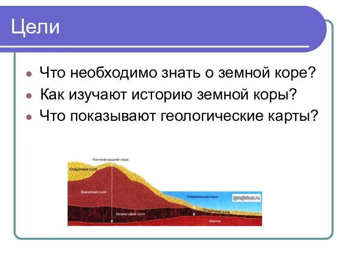 Цели Что необходимо знать о земной коре? Как изучают историю земной коры? Что показывают геологические карты?