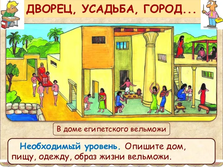 ДВОРЕЦ, УСАДЬБА, ГОРОД... В доме египетского вельможи Необходимый уровень. Опишите дом, пищу, одежду, образ жизни вельможи.