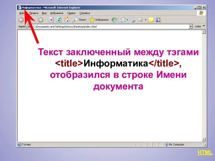 HTML Текст заключенный между тэгами Информатика , отобразился в строке Имени документа