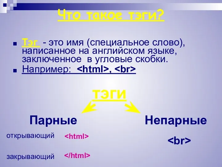 Что такое тэги? Тэг - это имя (специальное слово), написанное на