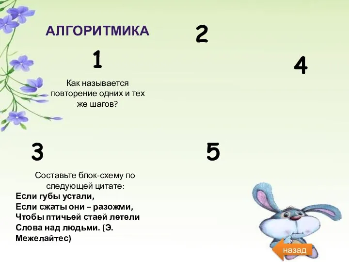 алгоритмика 1 Как называется повторение одних и тех же шагов? 2