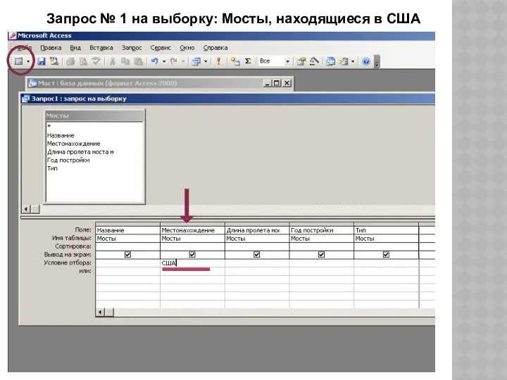 Запрос № 1 на выборку: Мосты, находящиеся в США