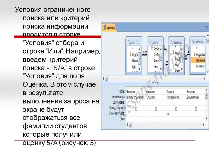 Условия ограниченного поиска или критерий поиска информации вводится в строке "Условия"