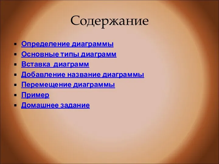 Содержание Определение диаграммы Основные типы диаграмм Вставка диаграмм Добавление название диаграммы Перемещение диаграммы Пример Домашнее задание