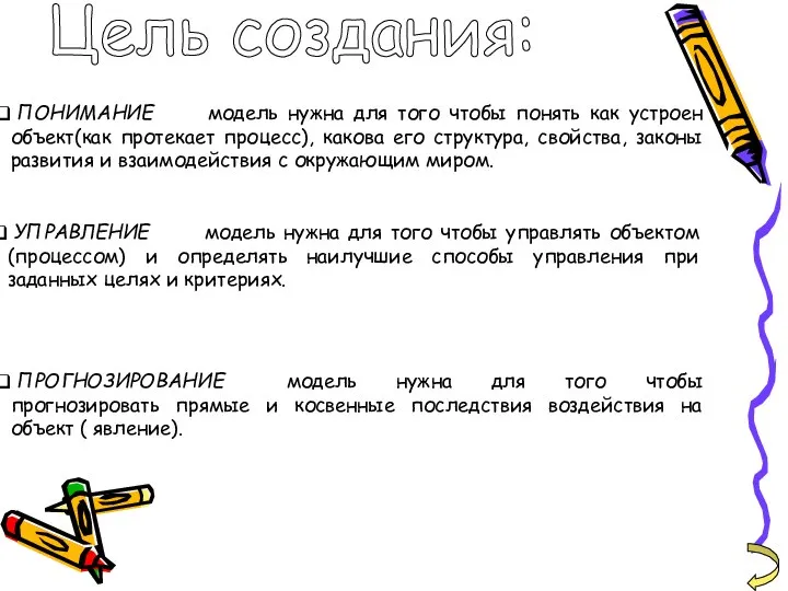 ПОНИМАНИЕ модель нужна для того чтобы понять как устроен объект(как протекает