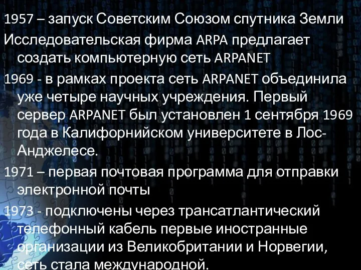 1957 – запуск Советским Союзом спутника Земли Исследовательская фирма ARPA предлагает