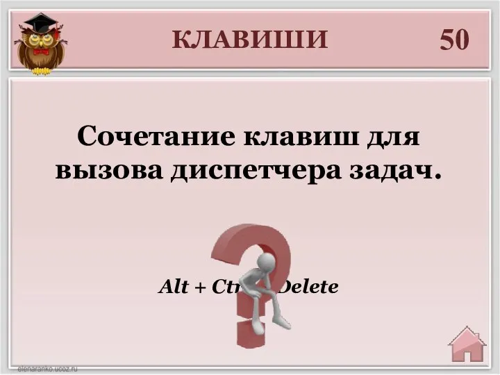 КЛАВИШИ 50 Alt + Ctrl + Delete Сочетание клавиш для вызова диспетчера задач.