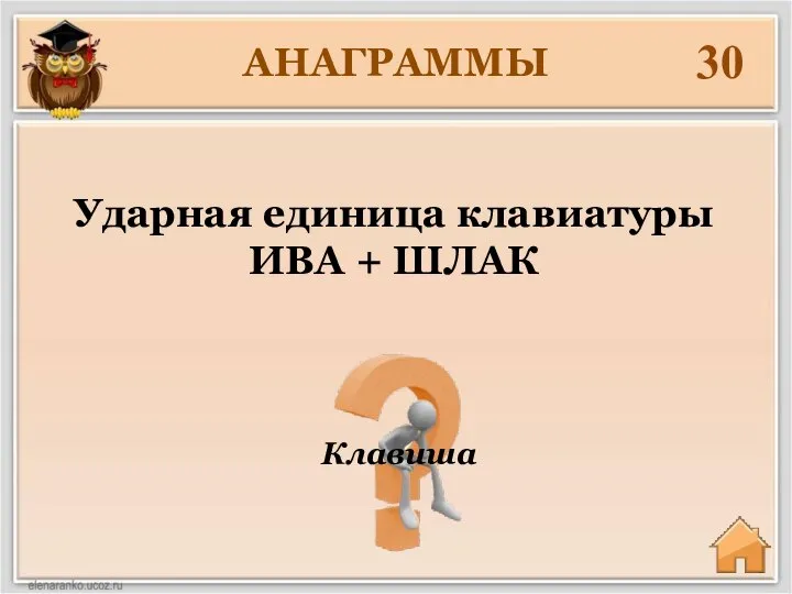 АНАГРАММЫ 30 Клавиша Ударная единица клавиатуры ИВА + ШЛАК