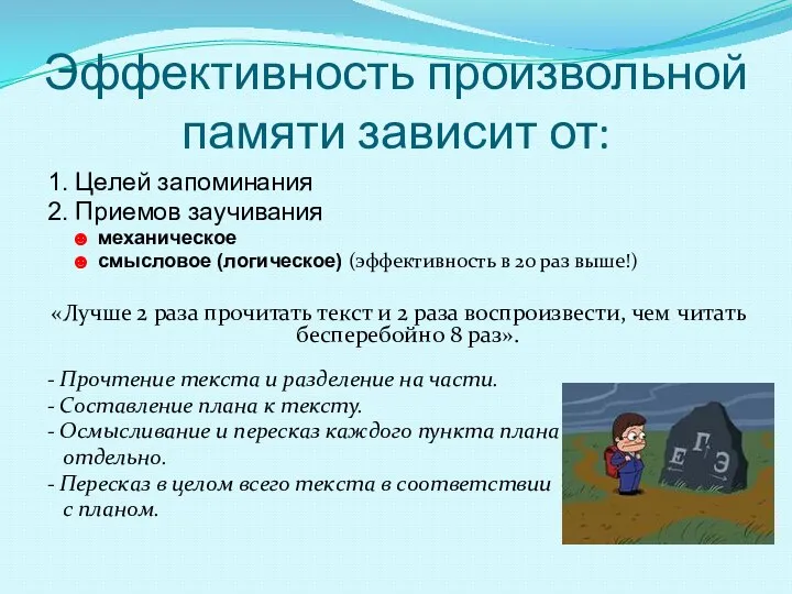 Эффективность произвольной памяти зависит от: 1. Целей запоминания 2. Приемов заучивания