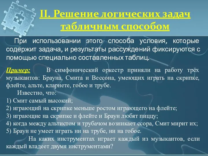 При использовании этого способа условия, которые содержит задача, и результаты рассуждений