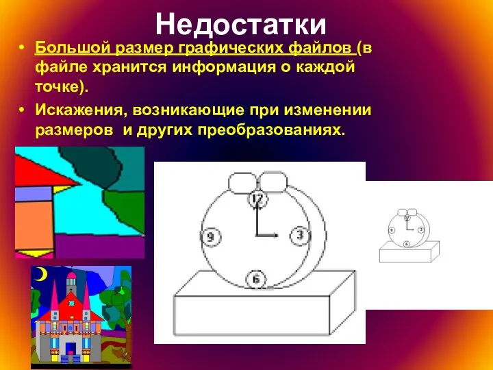 Недостатки Большой размер графических файлов (в файле хранится информация о каждой