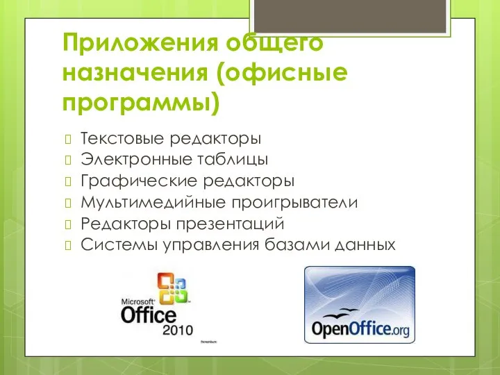 Приложения общего назначения (офисные программы) Текстовые редакторы Электронные таблицы Графические редакторы